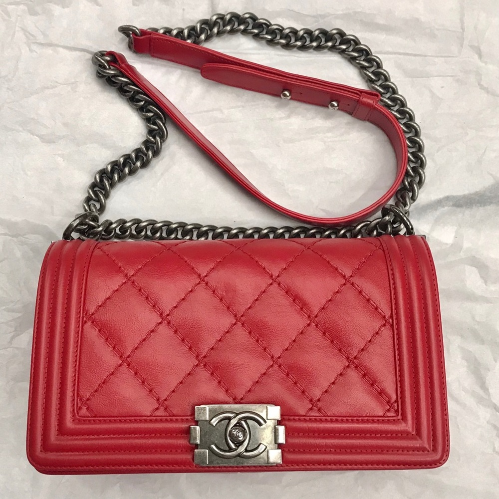 Beautiful Red Chanel Old Medium Boy Bag With Ruthenium Hardware